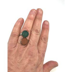 Silver Tone Leather Disc Statement Ring Adjustable Teal and Brown